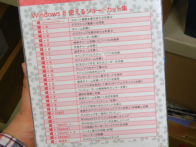 パッケージ裏面にはWindows 8のショートカット一覧